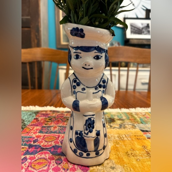 Vintage German Ceramic Vase Blue White Hand painted Mamsell With Rolling Pin - Picture 1 of 8
